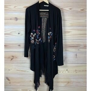 Caite x Athleta Cardigan Women XL Open Waterfall Wrap Embroidered Fringe Boho
